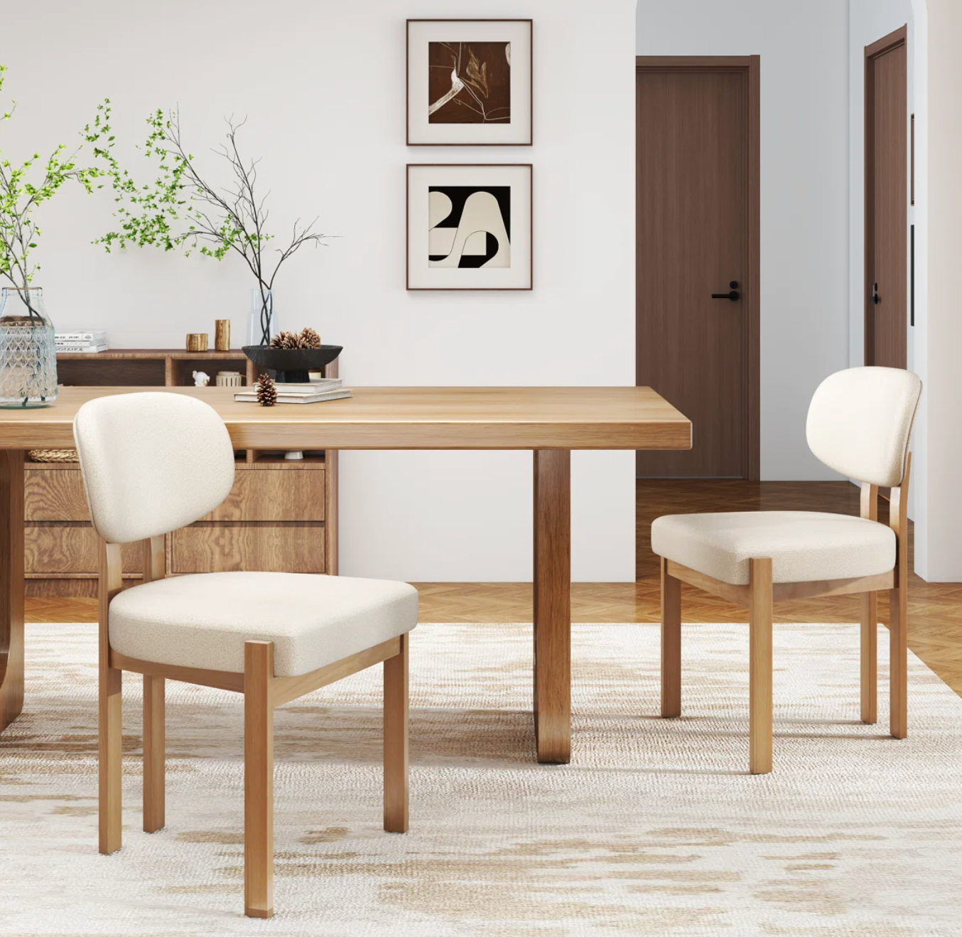 2 white boucle & solid wood dining chairs 🪑