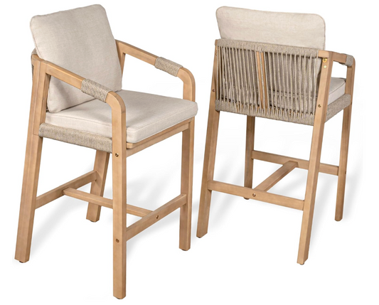 2 modern coastal roped acacia wood beige/light teak indoor / outdoor counterheight barstools 🍸