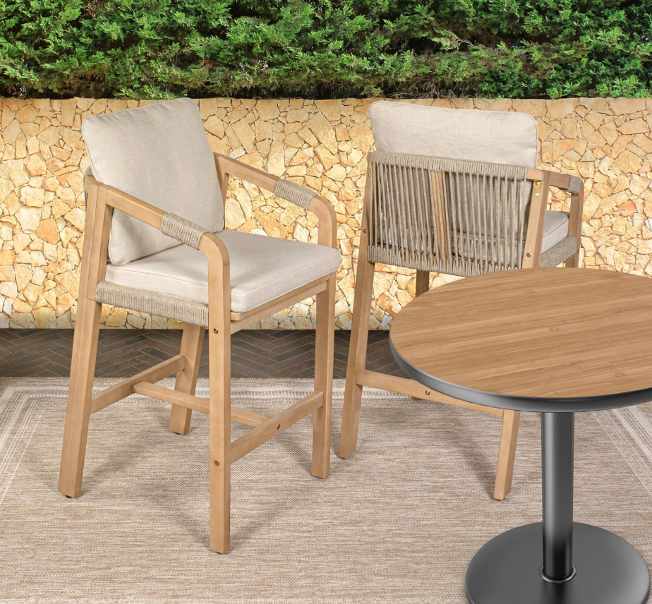 2 modern coastal roped acacia wood beige/light teak indoor / outdoor counterheight barstools 🍸