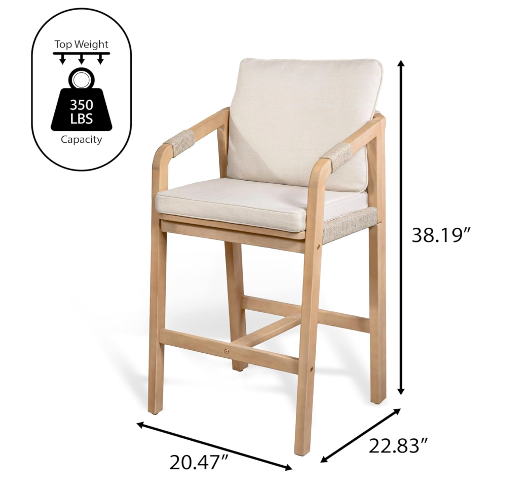 2 modern coastal roped acacia wood beige/light teak indoor / outdoor counterheight barstools 🍸