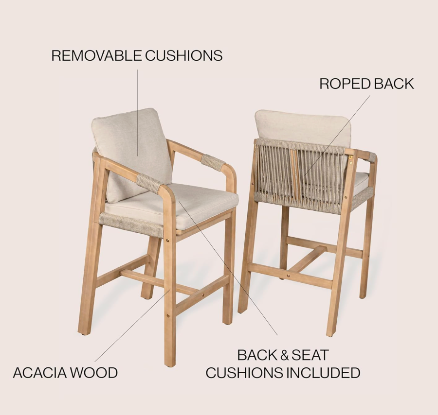 2 modern coastal roped acacia wood beige/light teak indoor / outdoor counterheight barstools 🍸