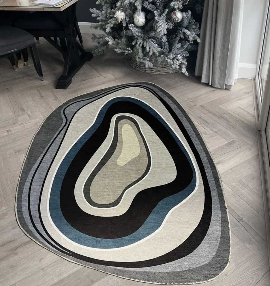 4x5 asymmetrical abstract woven blue, grey, & cream rug 🖤 – Chelsea Friday
