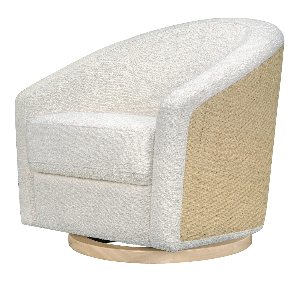 Babyletto swivel glider in ivory boucle w/ cane back & light wood base 🪴