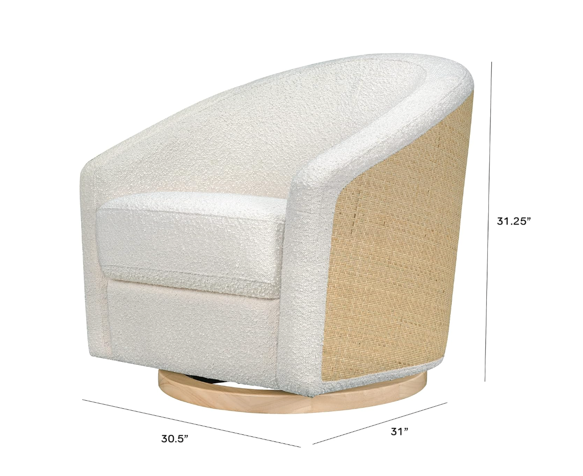 Babyletto swivel glider in ivory boucle w/ cane back & light wood base 🪴