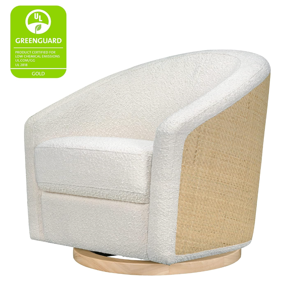 Babyletto swivel glider in ivory boucle w/ cane back & light wood base 🪴