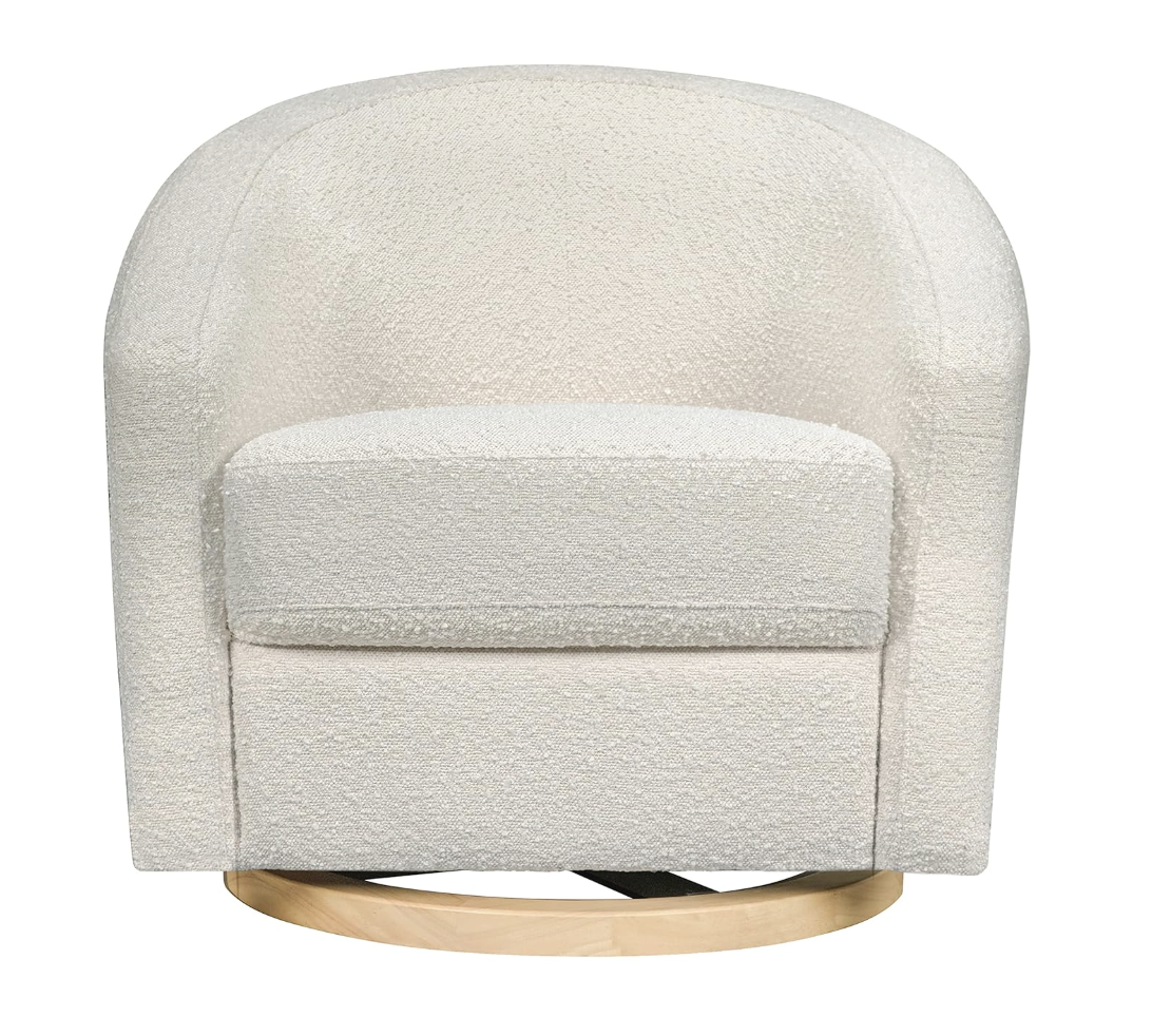 Babyletto swivel glider in ivory boucle w/ cane back & light wood base 🪴