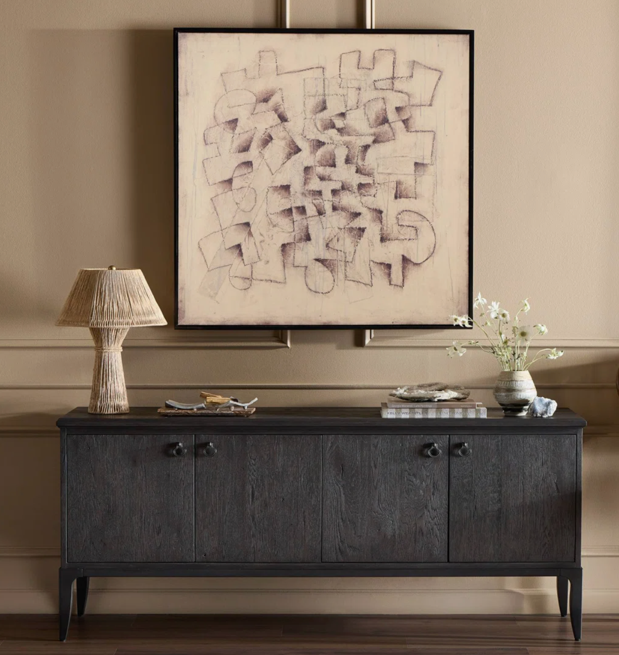Four Hands worn black oak media console 📺