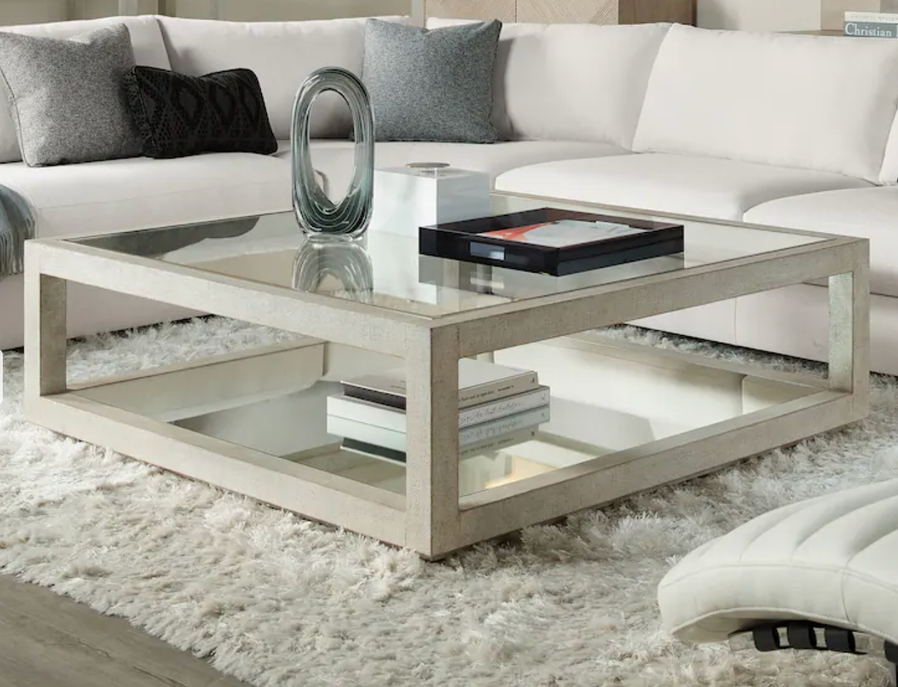 Hooker Furniture coffee table w/ oak frame w/ distressed white finish & glass top & mirror shelf ☕