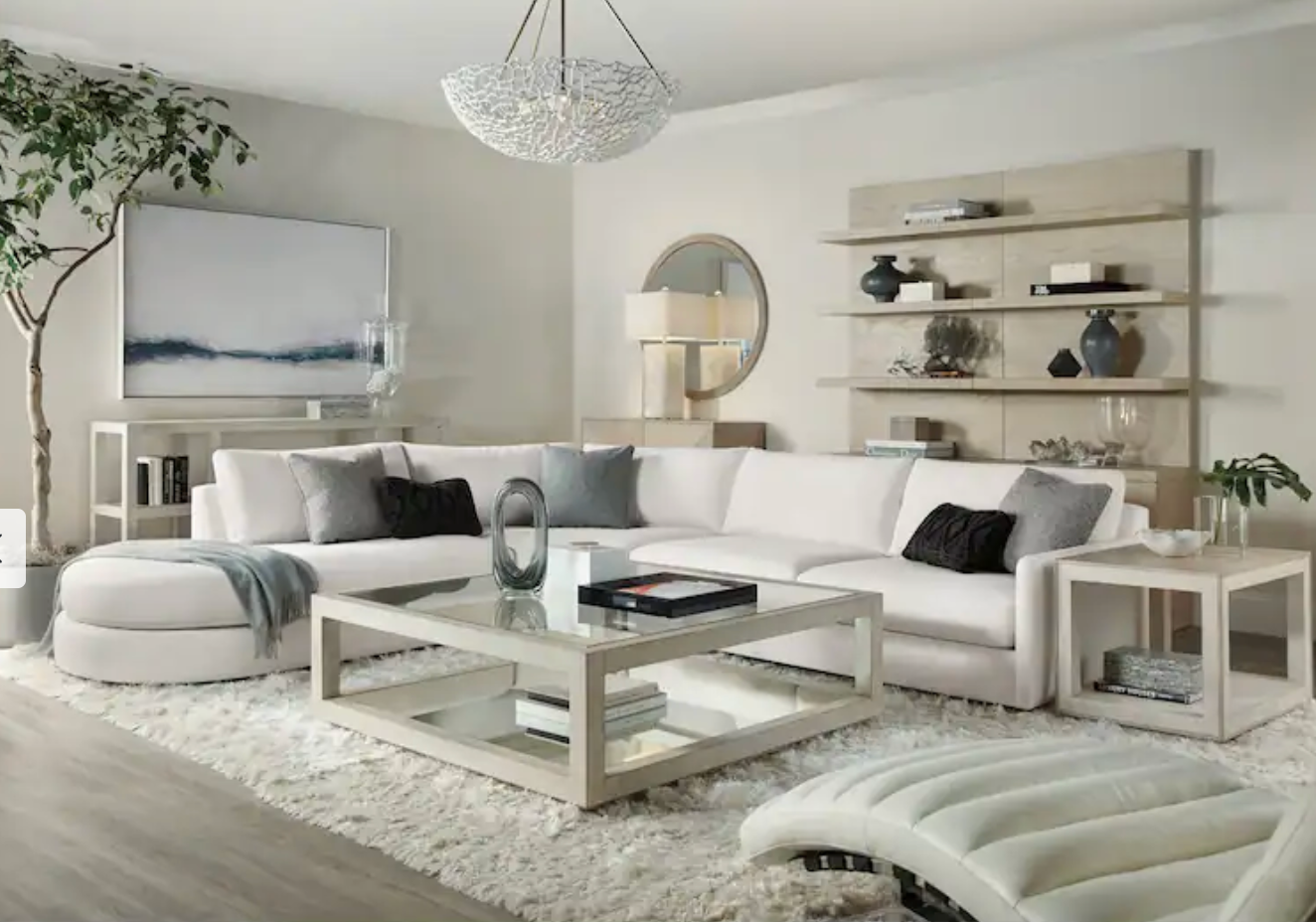 Hooker Furniture coffee table w/ oak frame w/ distressed white finish & glass top & mirror shelf ☕