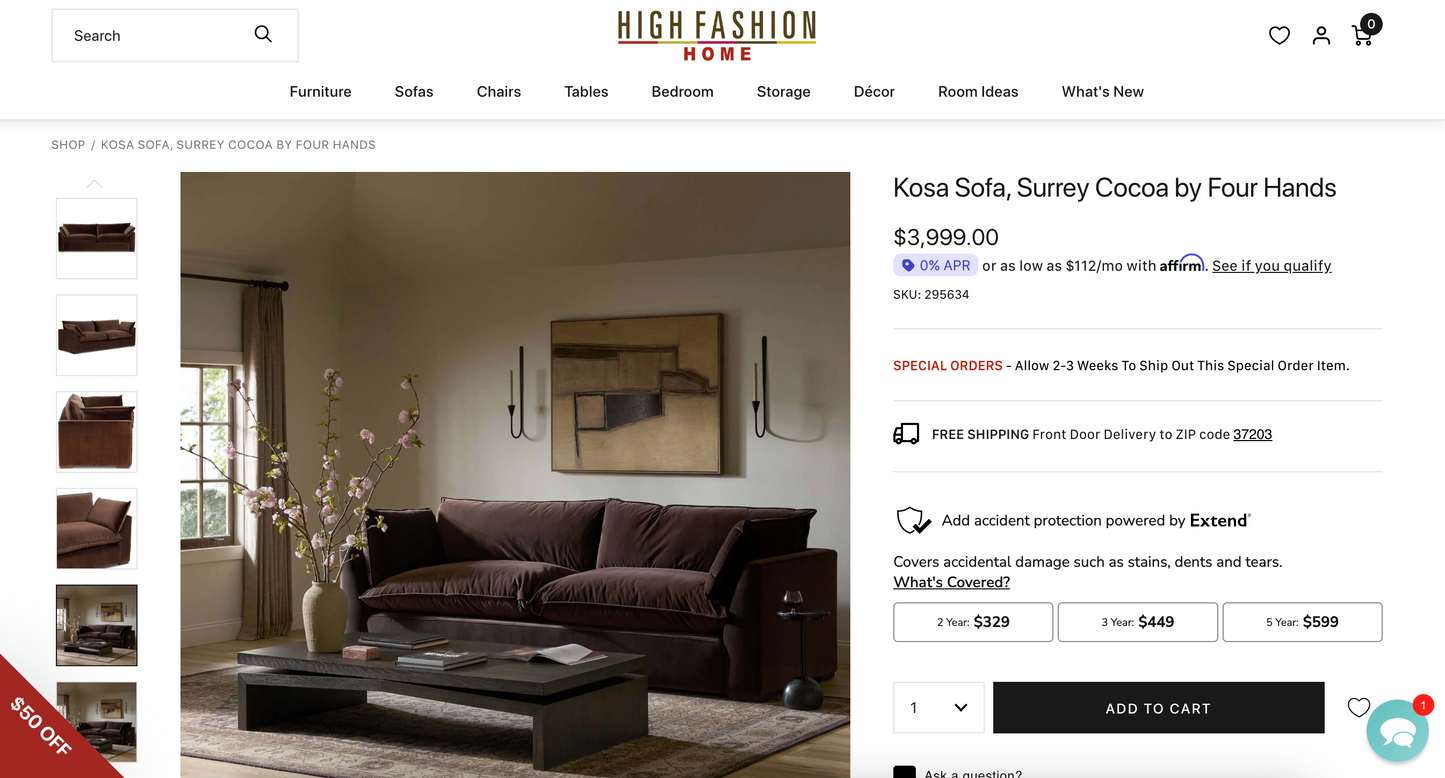 Four Hands Surrey Cocoa sofa 🤎