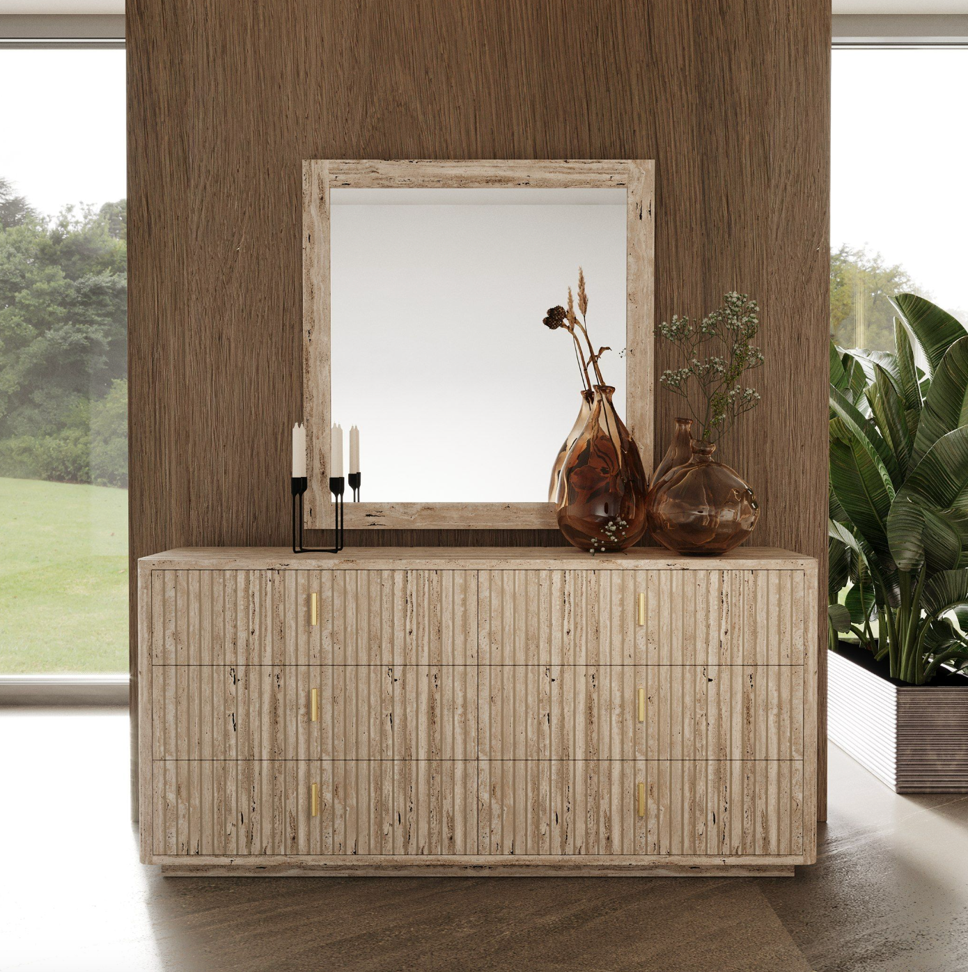 Bernhardt 6-drawer dresser w/ Travertine Laminate, Gold Accents, & Soft-Close Storage ✨