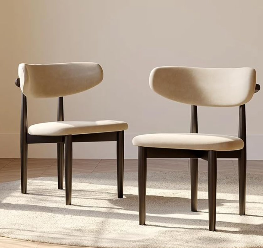 Set of 2 armless black modern dining chairs w/ sackcloth cushions & dark walnut-colored ash wood 🤎