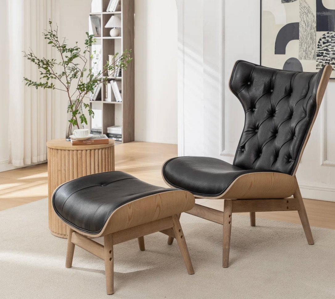 Faux black leather MCM wingback chair w/ ottoman & wood frame ☎