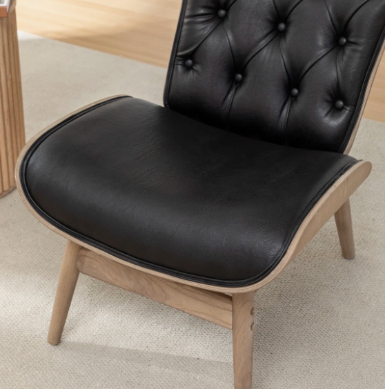 Faux black leather MCM wingback chair w/ ottoman & wood frame ☎