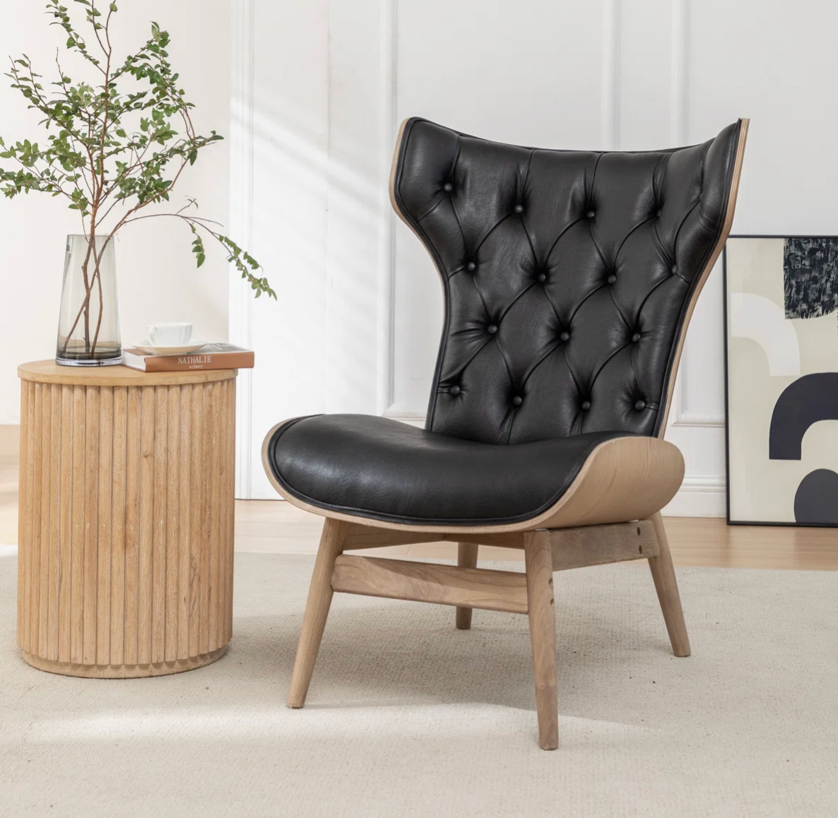 Faux black leather MCM wingback chair w/ ottoman & wood frame ☎