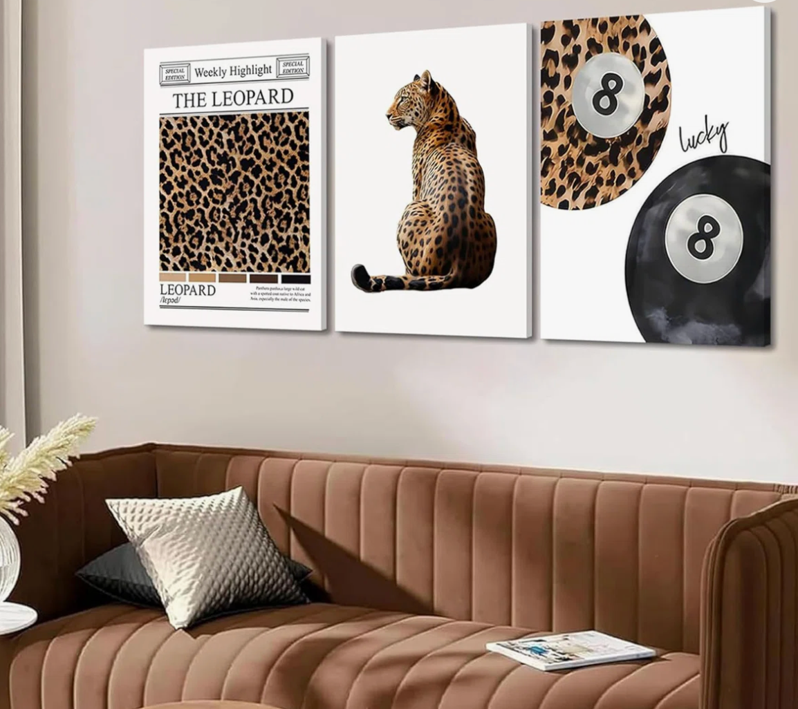 Set of 3 Trendy Leopard 16x24 wall art, Funky Lucky 8 Ball prints 🎱
