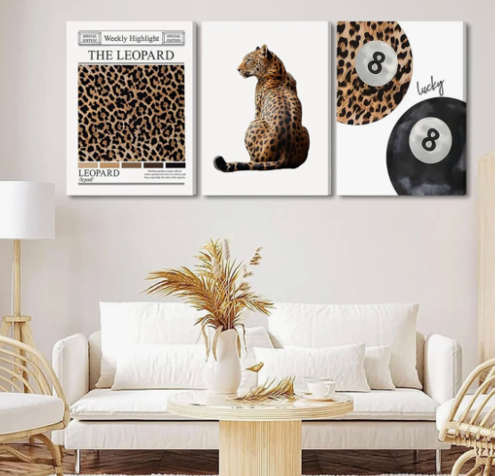 Set of 3 Trendy Leopard 16x24 wall art, Funky Lucky 8 Ball prints 🎱