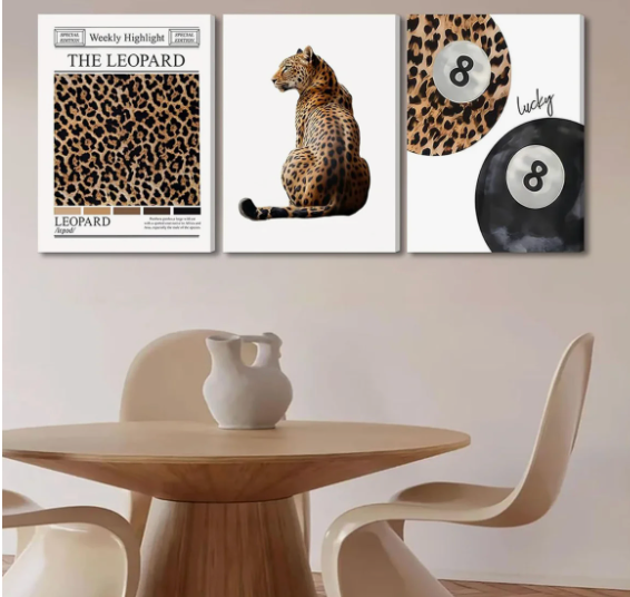 Set of 3 Trendy Leopard 16x24 wall art, Funky Lucky 8 Ball prints 🎱