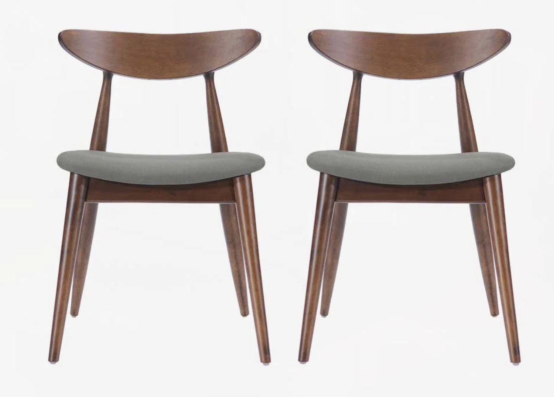 2 rubberwood MCM light gray & walnut dining chairs w/ cushioned seat 🤎