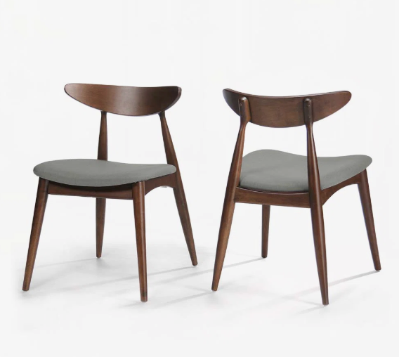 2 rubberwood MCM light gray & walnut dining chairs w/ cushioned seat 🤎