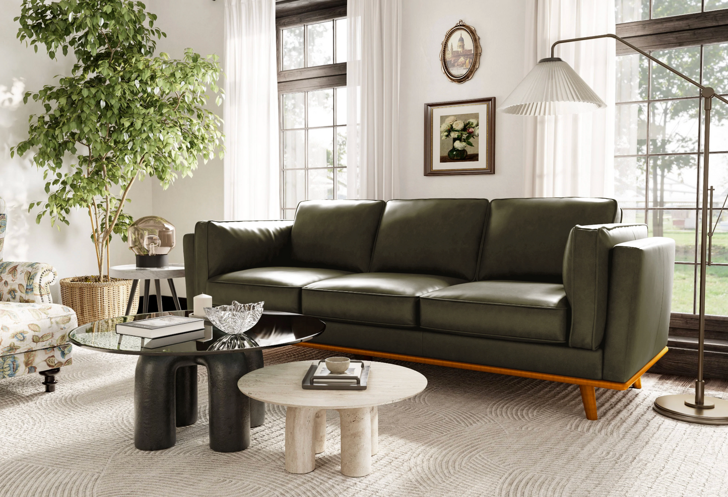Valencia top grain olive green leather three-seat sofa 🫒