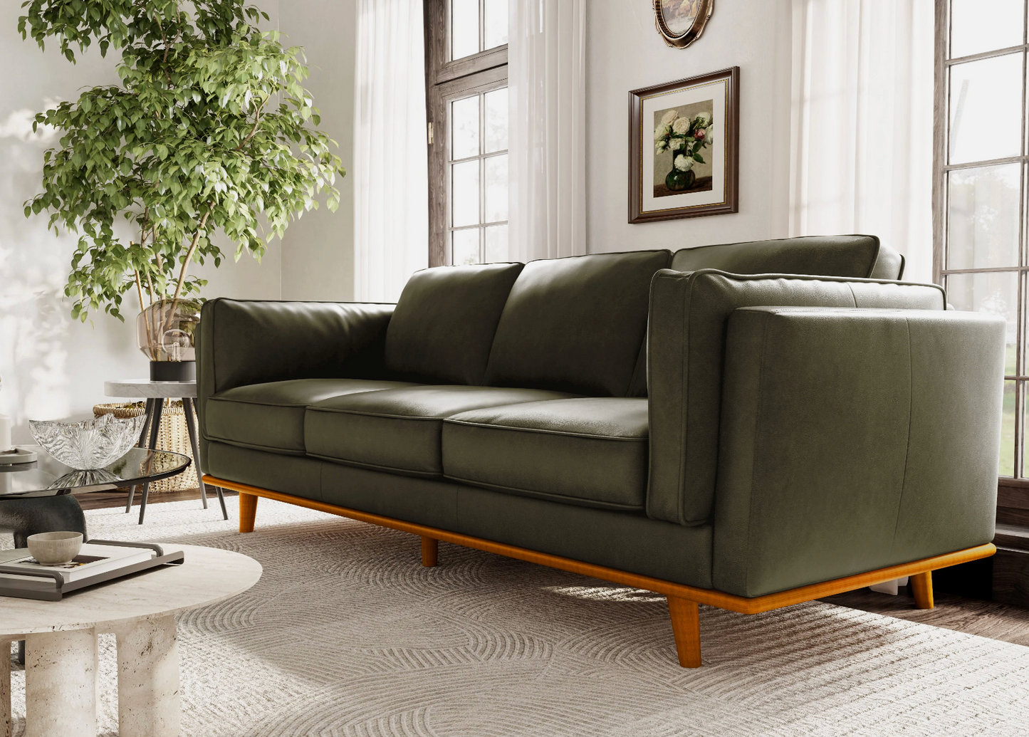 Valencia top grain olive green leather three-seat sofa 🫒