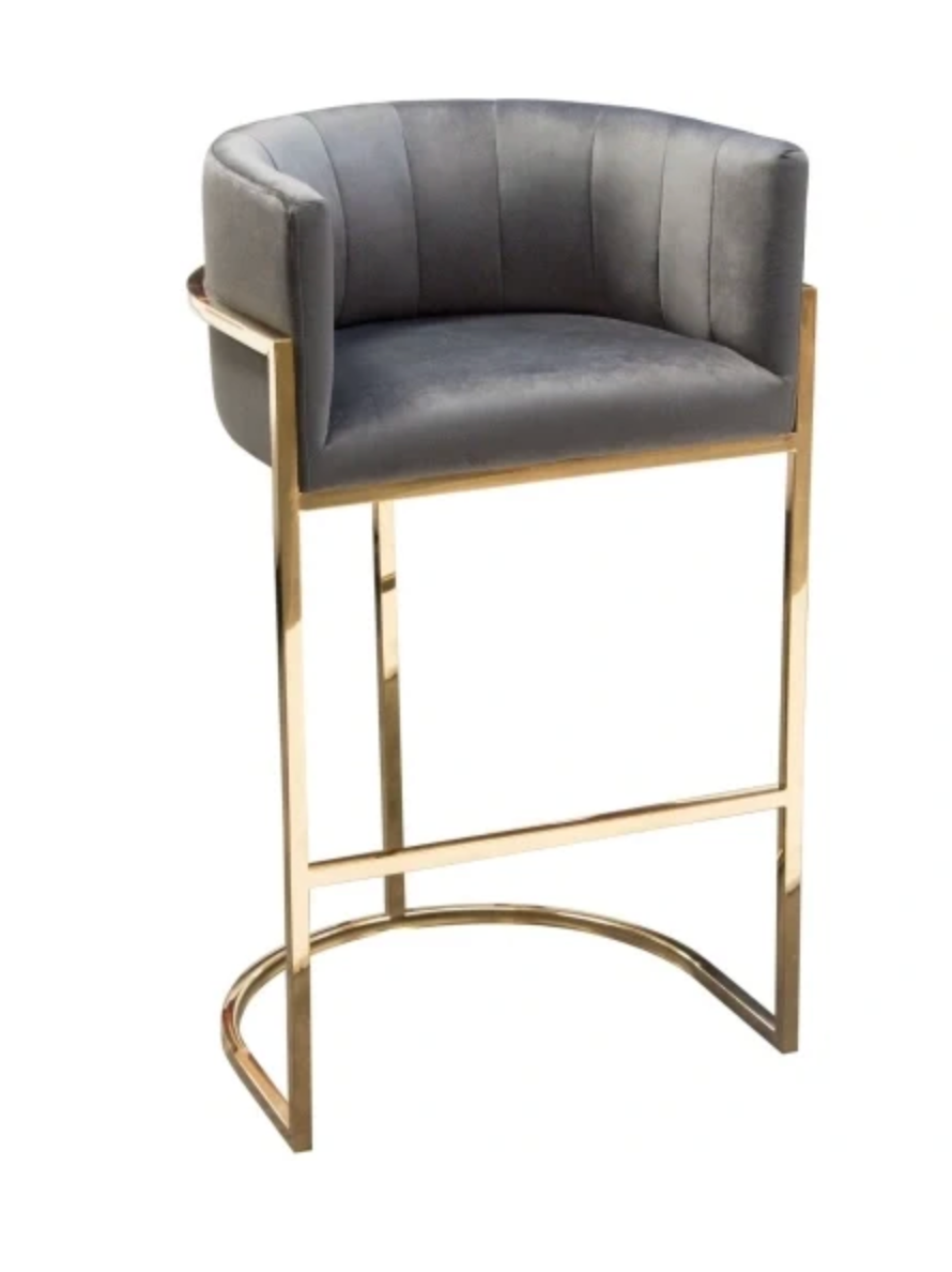 Grey velvet counterheight barstool w/ grey velvet & polished frame 🍸