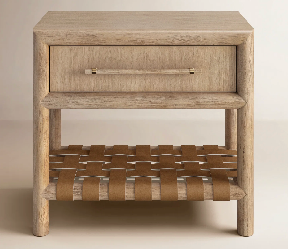 1-drawer wood nightstand w/ brown leather shelf ☕