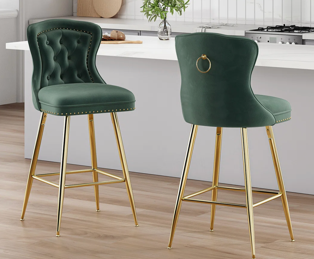 2 green velvet upholstered counterheight barstools w/ gold frame 🥂
