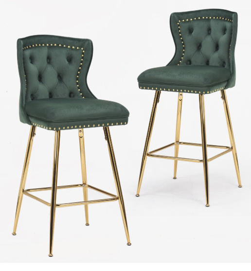 2 green velvet upholstered counterheight barstools w/ gold frame 🥂