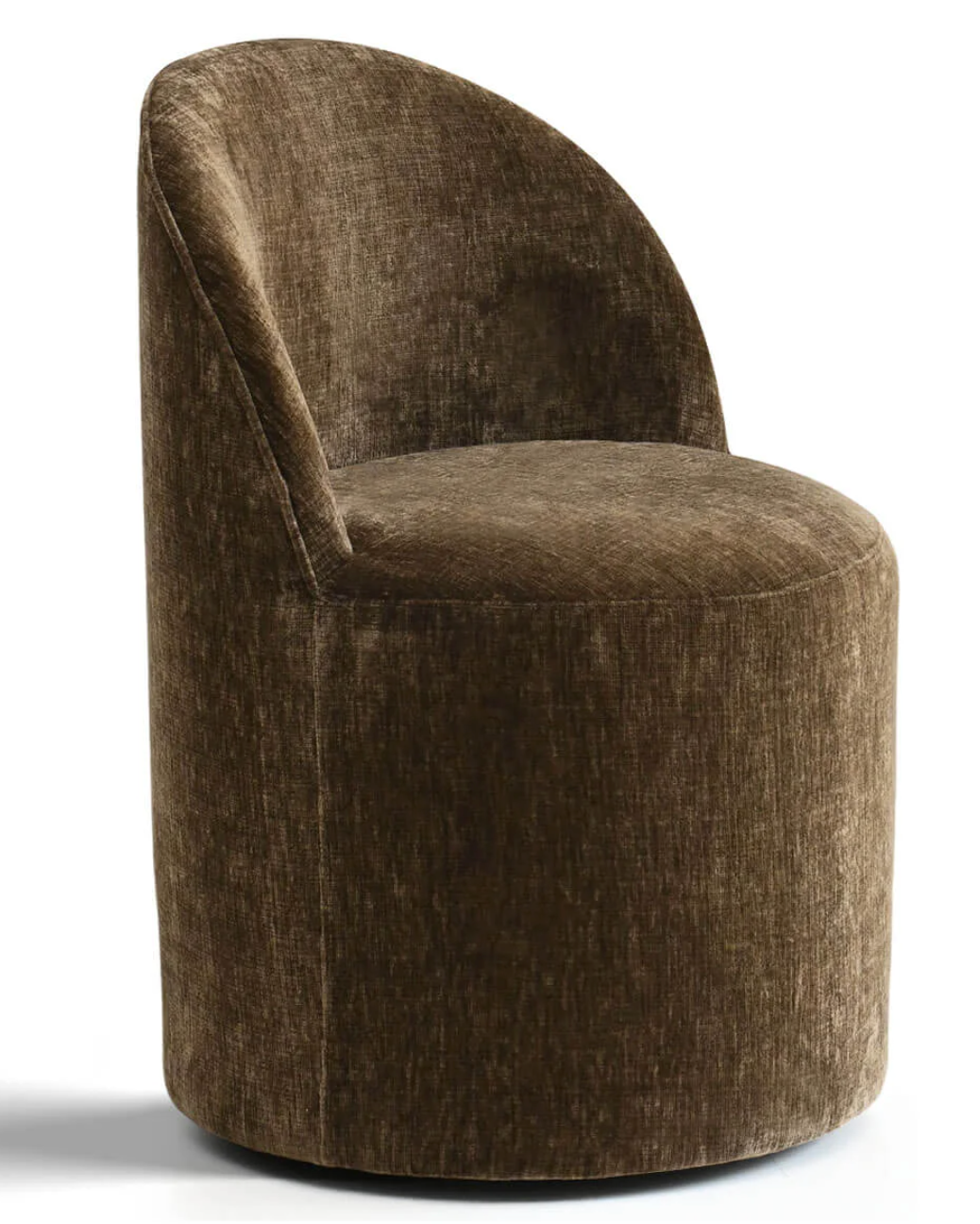 Brown chenille upholstered barrel chair with castors 🤎