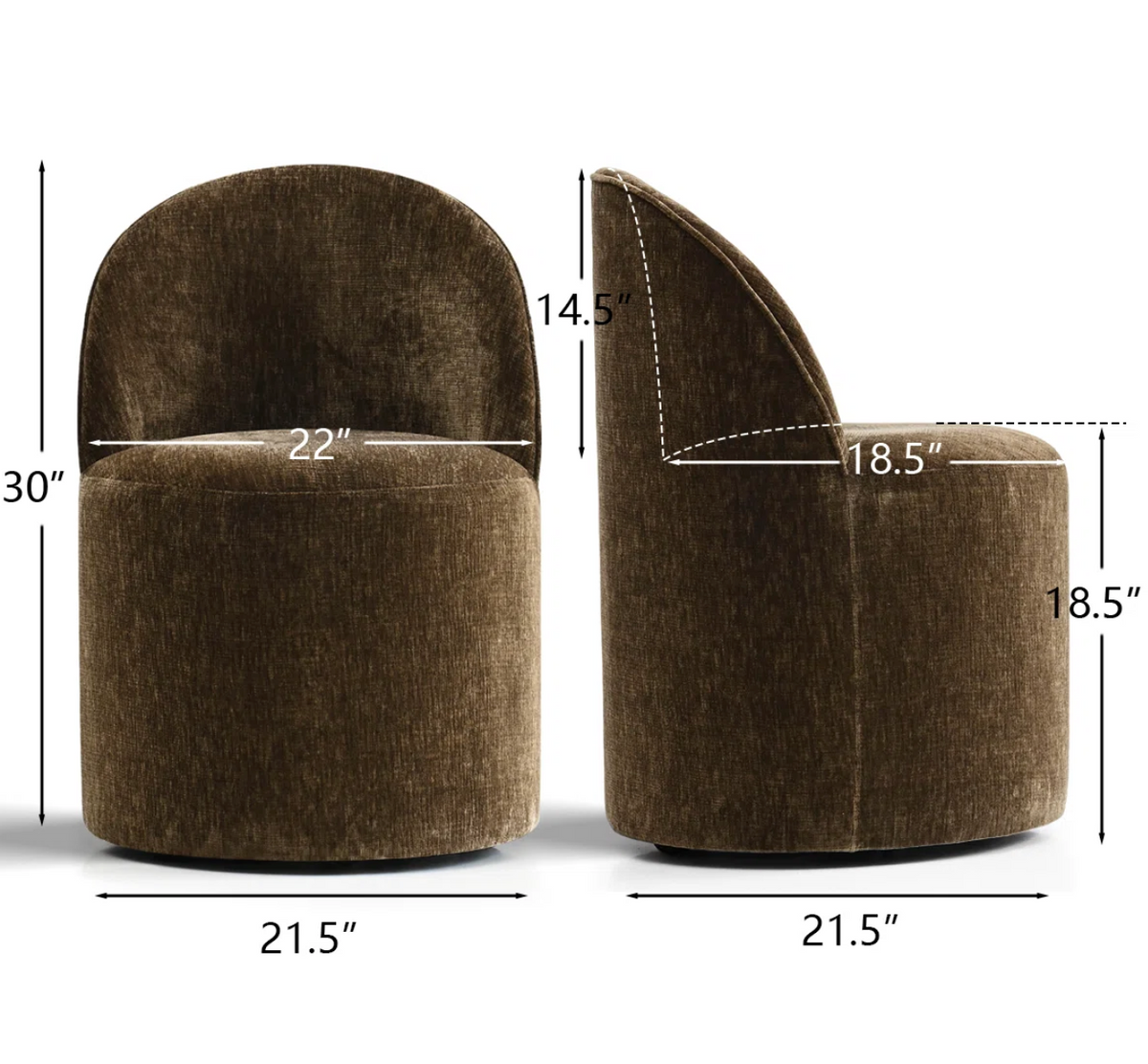 Brown chenille upholstered barrel chair with castors 🤎
