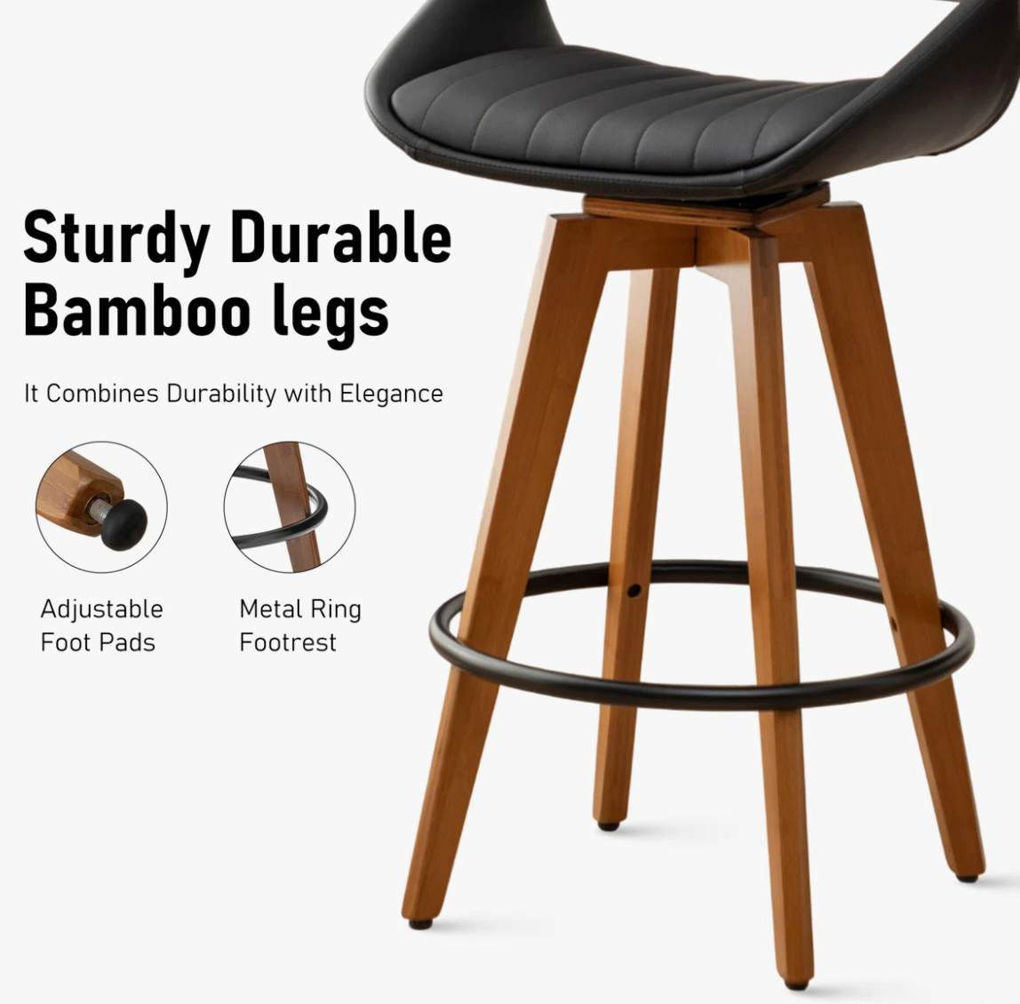 2 MCM swivel counterheight faux black leather & wood barstools 🥂