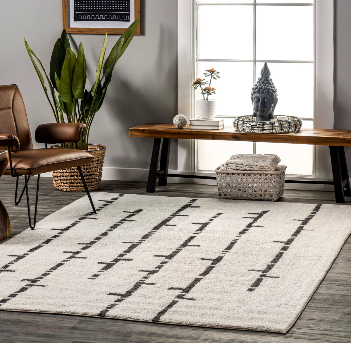 6x9 machine washable stripe wool ivory rug 🩶🖤