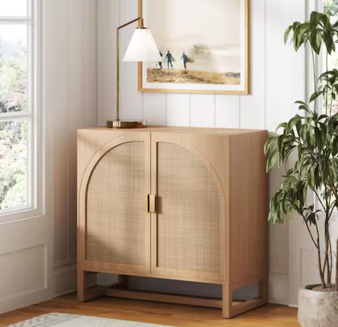 Nathan James MCM raw oak arched accent cabinet w/ rattan & adjustable shelf 🌻