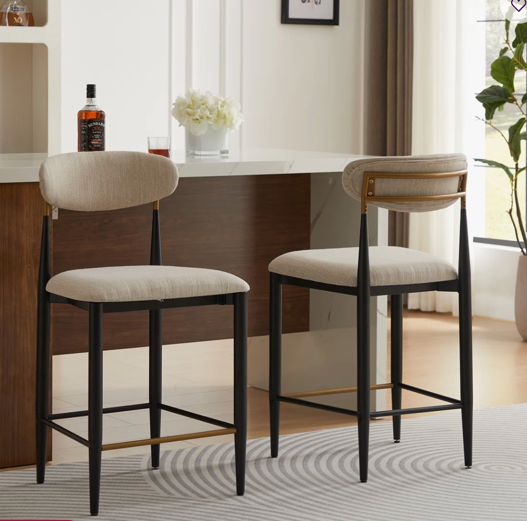 2 modern upholstered iron counterheight barstools w/ open back & gold accents ✨
