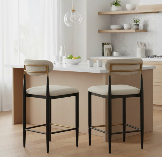 2 modern upholstered iron counterheight barstools w/ open back & gold accents ✨