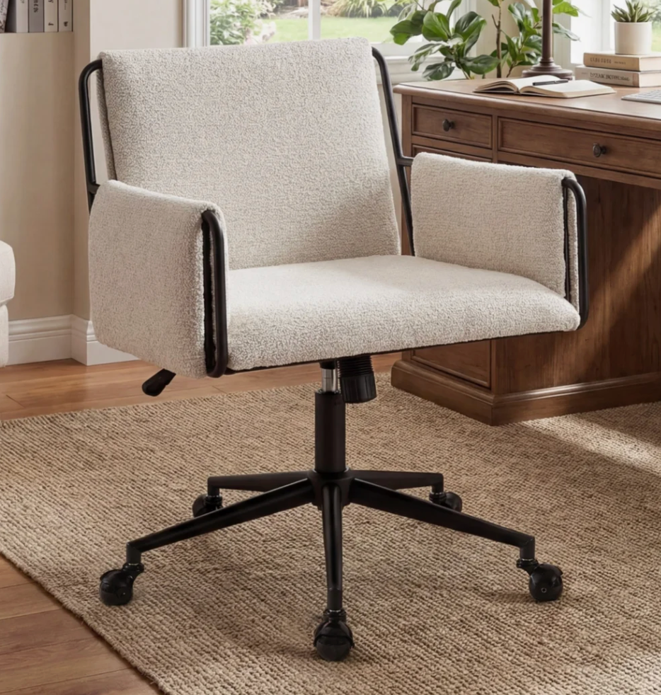 Extra wide boucle upholstered swivel desk chair with black metal frame 🤍