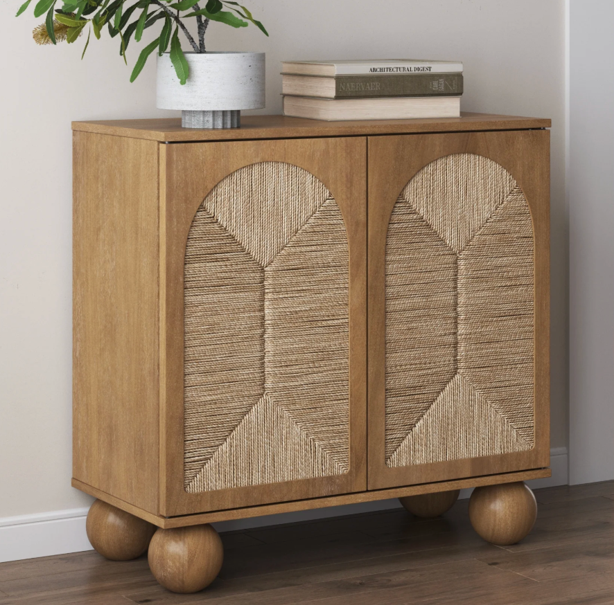 Light brown Nathan James boho entryway storage cabinet w/ natural seagrass & wood doors 🌻