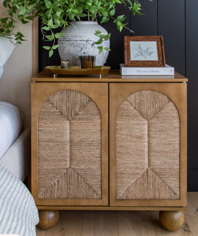 Light brown Nathan James boho entryway storage cabinet w/ natural seagrass & wood doors 🌻