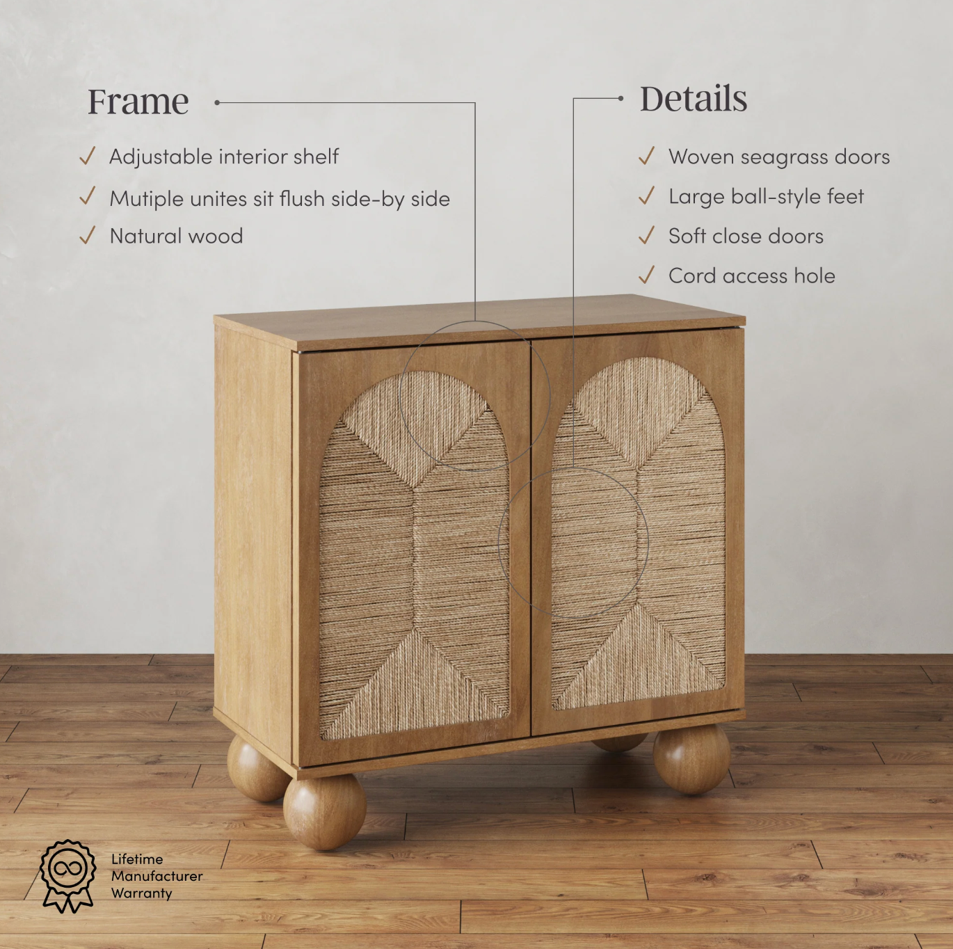 Light brown Nathan James boho entryway storage cabinet w/ natural seagrass & wood doors 🌻