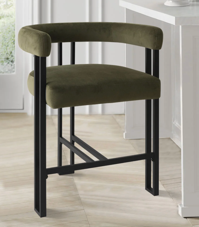 Olive green velvet counterheight barstool 🍷