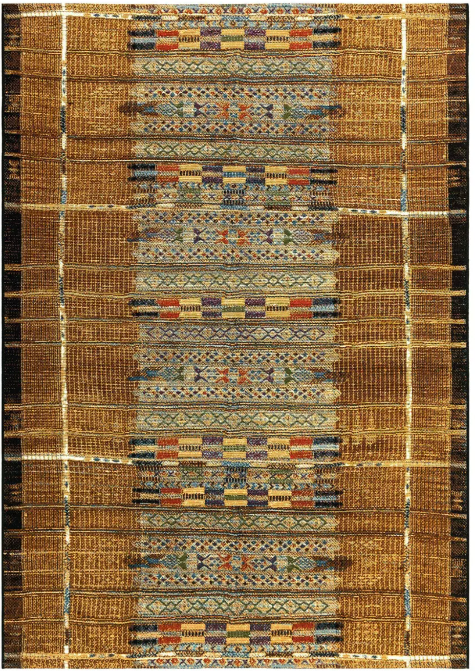8’10" x 11’9” Indoor/Outdoor woven tribal stripe gold rug 🏯
