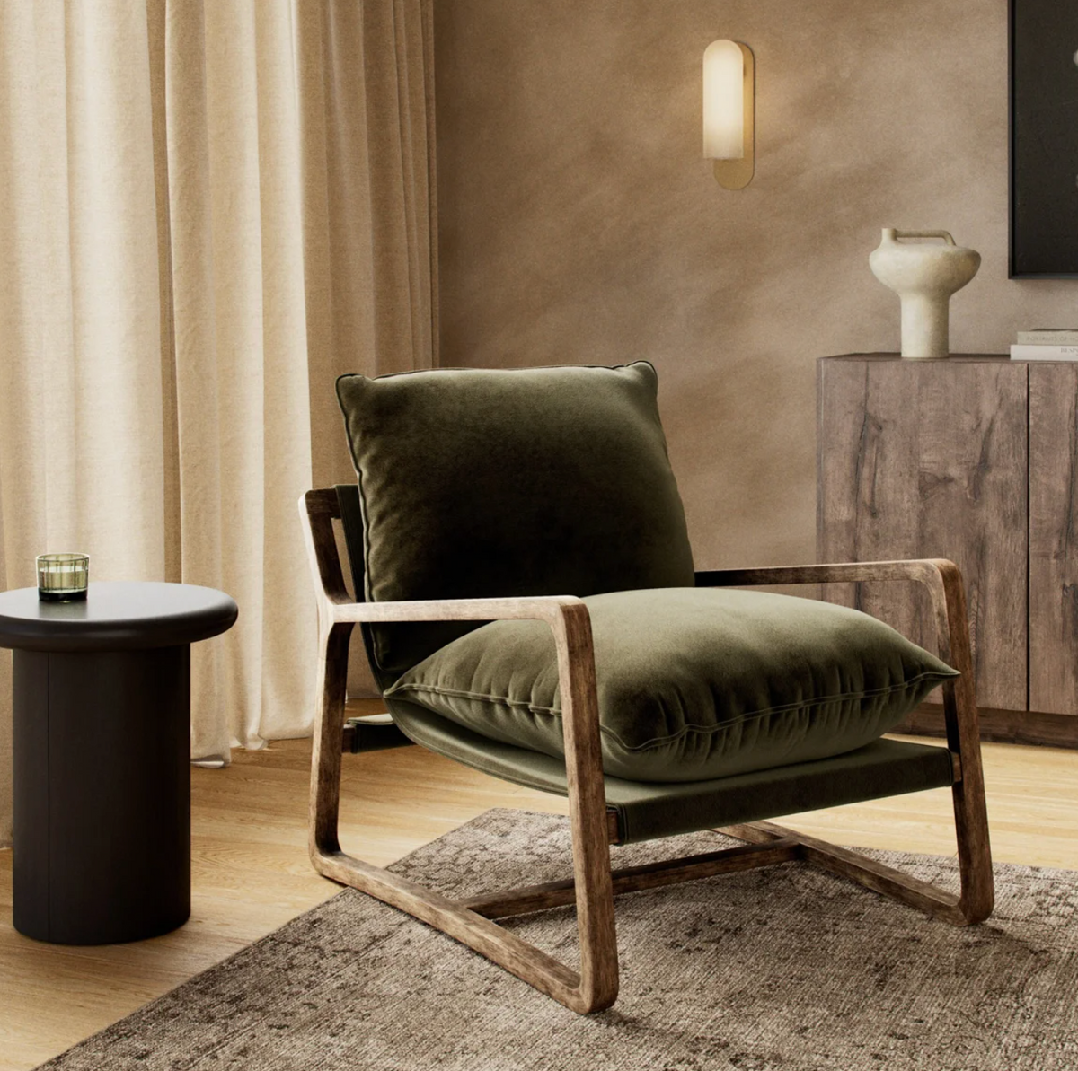 Modern olive performance velvet armchair 🫒