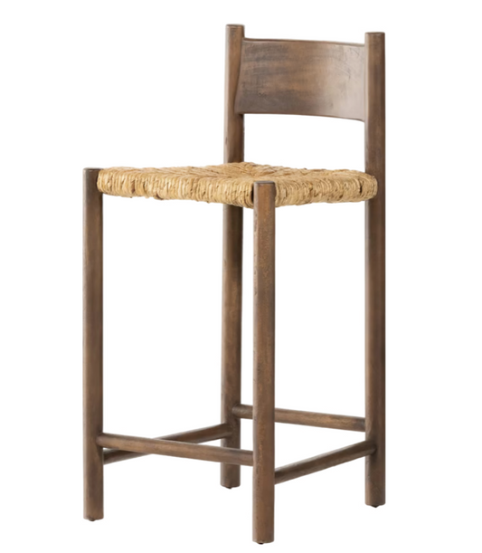 Four Hands mango wood barstool w/ woven banana leaf seat 🍷