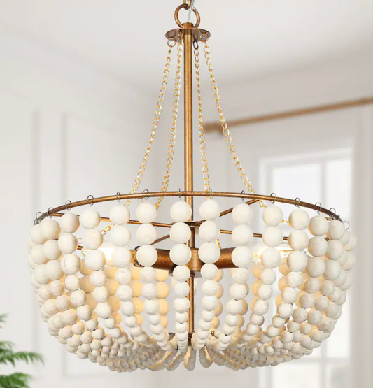 Boho glam distressed wood 3-light beaded chandelier ⚜️