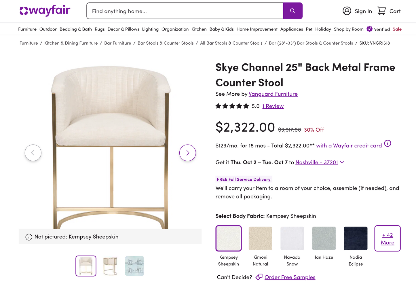 Cream & gold metal frame counterheight upholstered linen barstool🥂