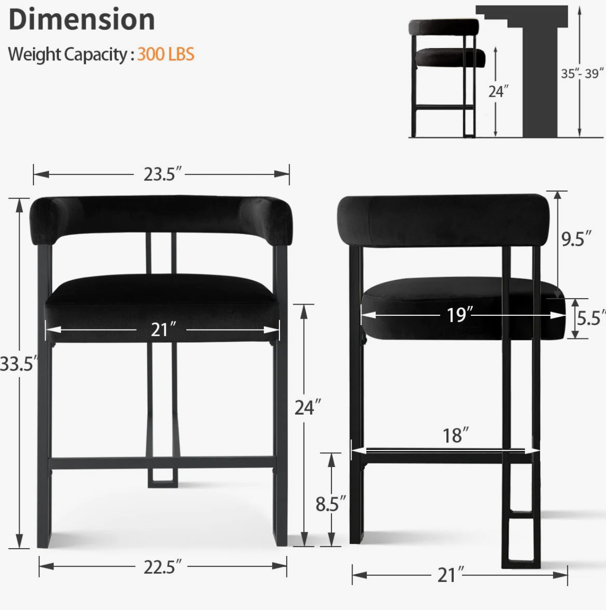 Upholstered modern velvet counterheight black barstool 🍷