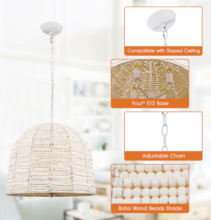 Boho 19" 4-light distressed white wood beaded chandelier 🕯️