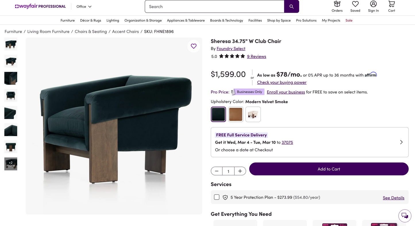 Four Hands modern velvet smoke armchair w/ wood frame 🌷